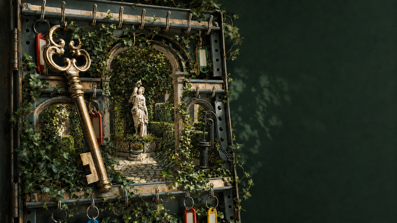 Une armoire à clés ancienne ouvrant sur un jardin parisien surréaliste